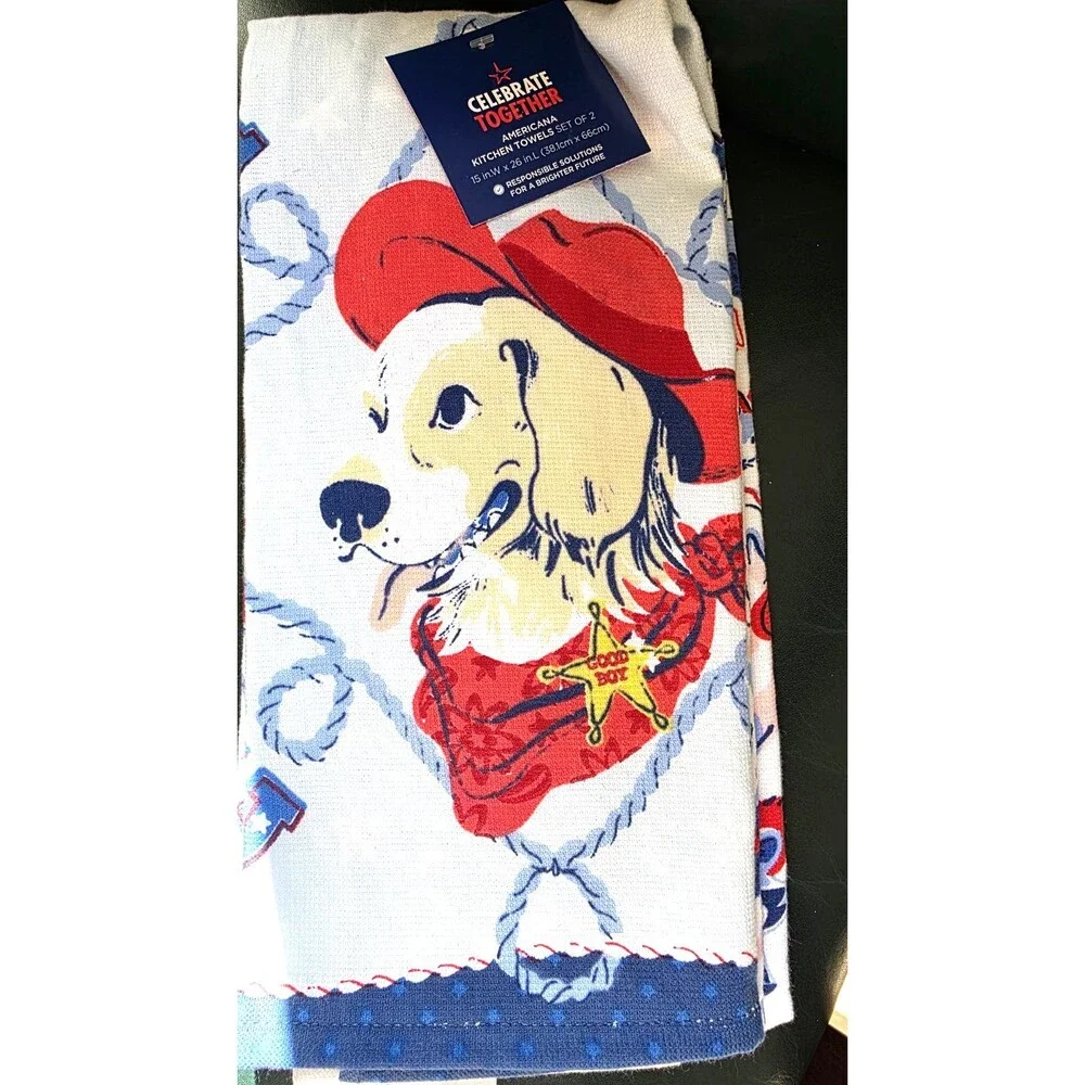 Celebrate Together Americana Kitchen Towels Dogs  Set of 2 New w Tags